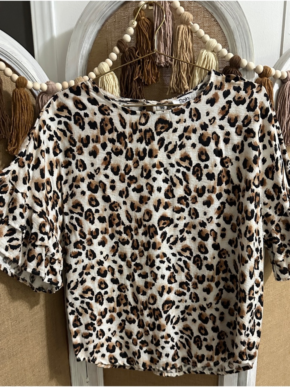 Leopard Print Short Sleeve Blouse - Cream/Tan/Black